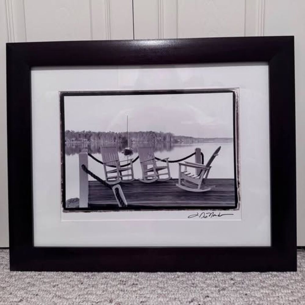 2 Black and white lakeside prints, framed and matted, like new condition.